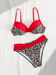 Sexy Red Leopard Print Patchwork Bikini Set