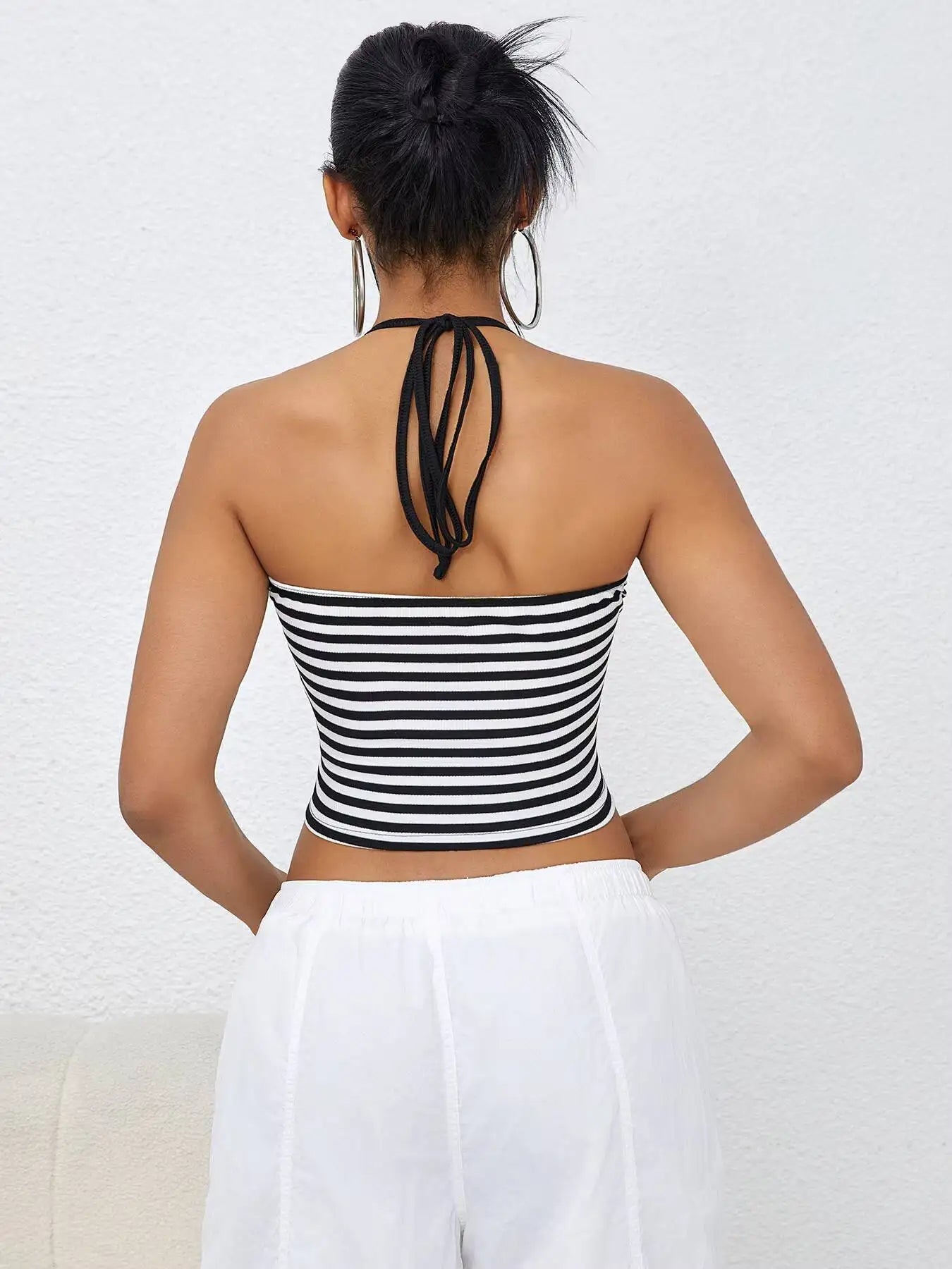 Sexy Casual Black White Stripe Halter Crop Top