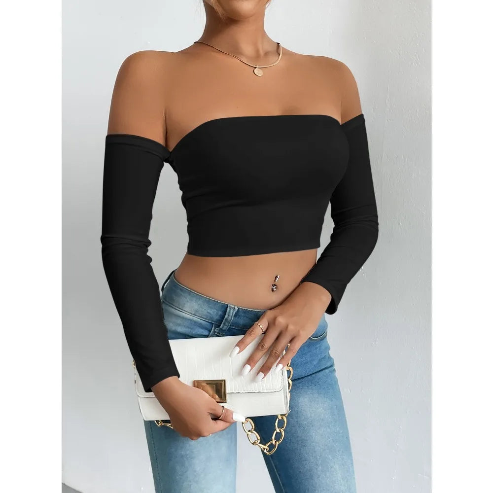 Women's Off Shoulder Long Sleeve Crop Top