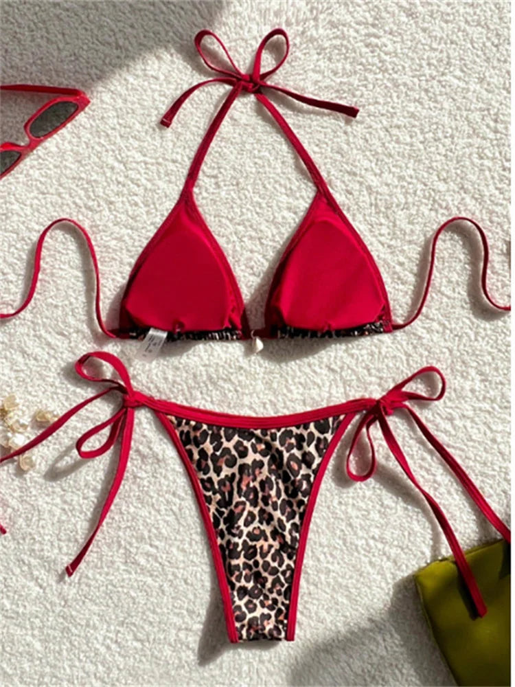 Sexy Green Tiger Print Patchwork Micro Bikini