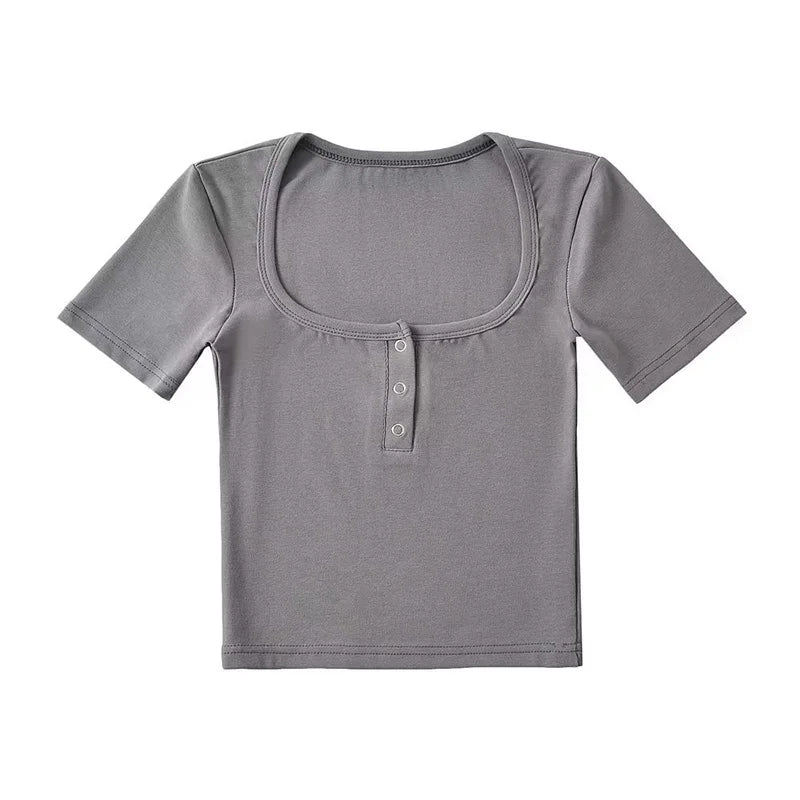 Button Front Short Sleeved Crop T-shirt