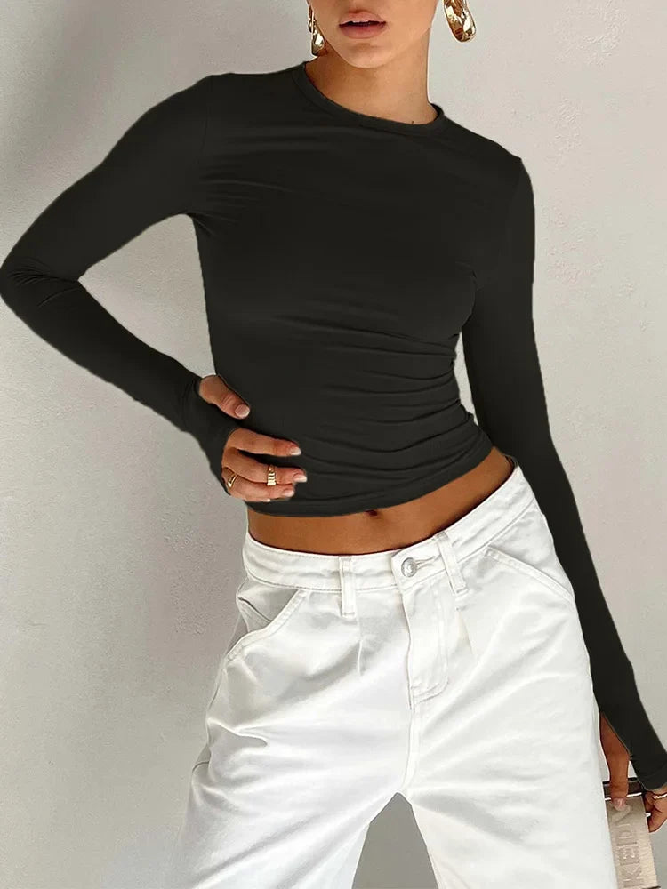 T-shirt Long Sleeve Crew Neck Solid Slim Fit Ladies Crop Top