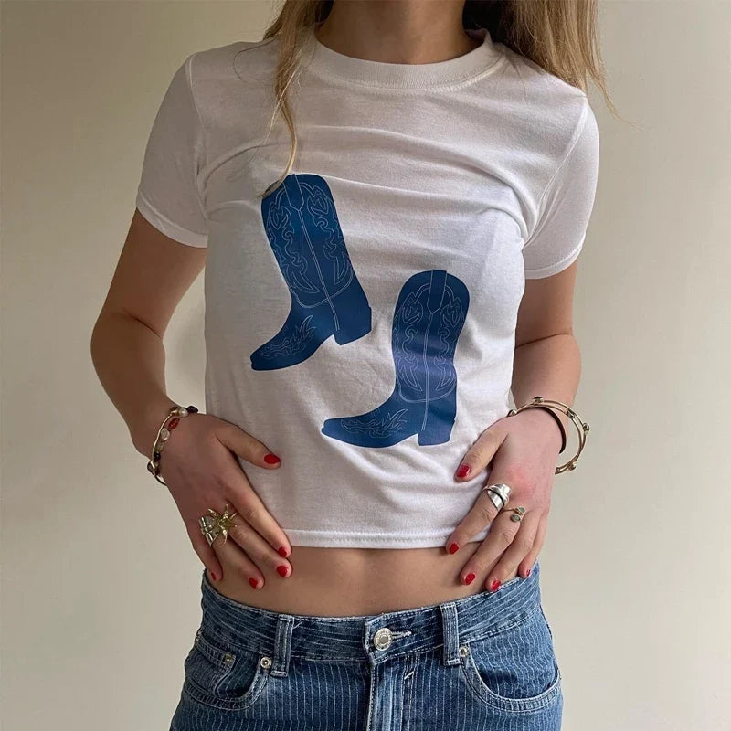 Vintage Print Short Sleeve Crop Tops