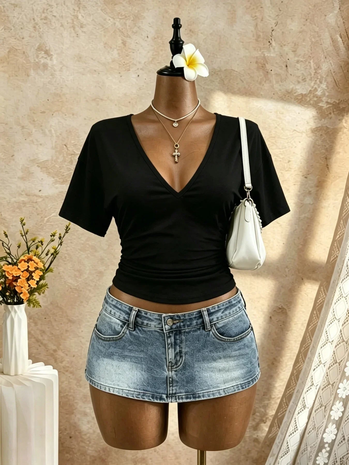 Front Side Ruched Slim Fit Cropped Casual T Shirt