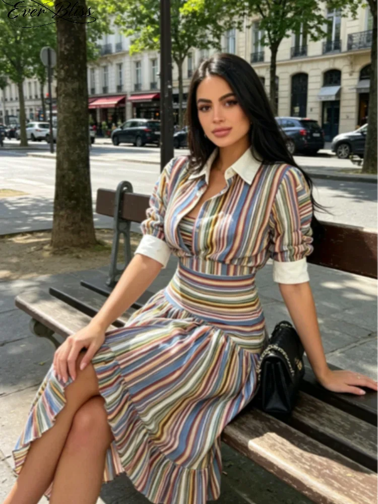 Boho Colorful Stripe Skirt Set Turn Down Collar Single Breasted Long Sleeve Shirt Fitted Waist Flowy Skirts Outfits