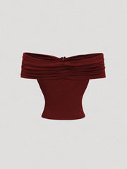 Off-Shoulder Pleating Metal Buckle Decor Crop Top