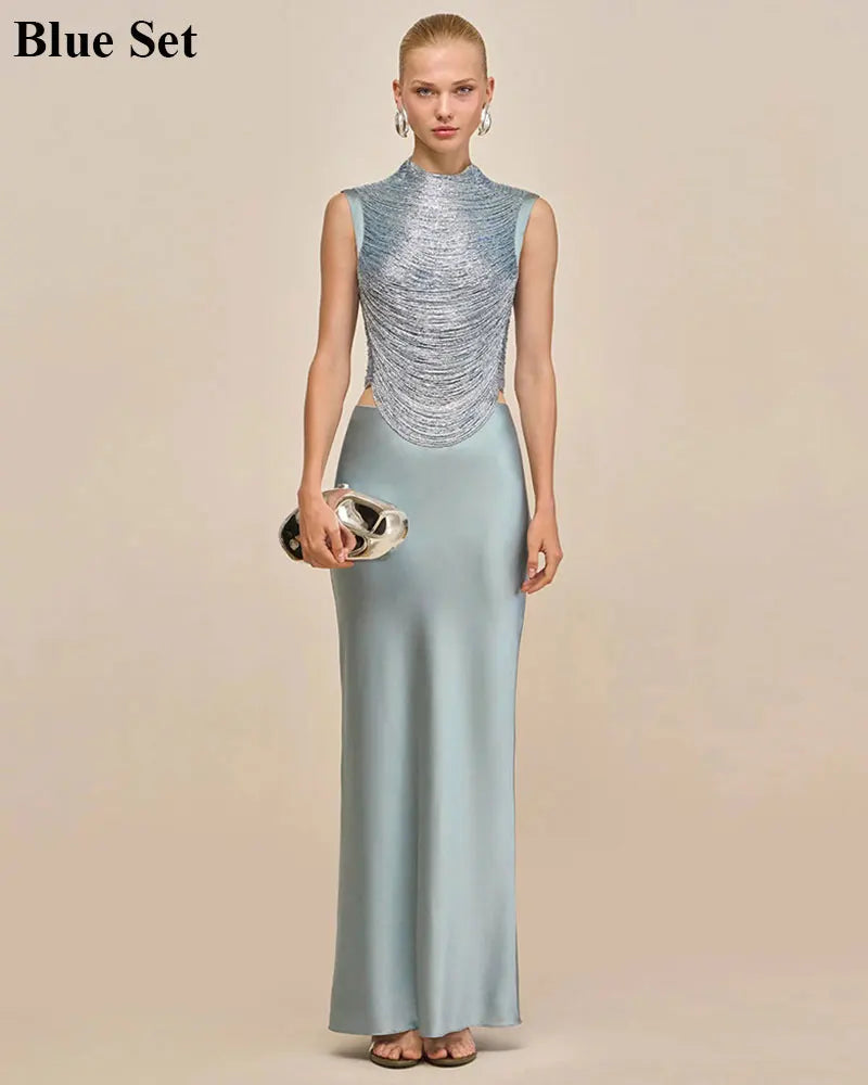 Satin Sexy Tassel Crop Tops Mermaid Long Skirt Sets Elegant Sleeveless Slim Tank Top Vest Party Set