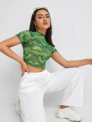 Chic Swirl Print Mesh Crop Top