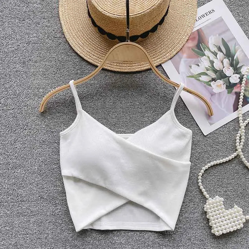 V Neck Spaghetti Strap Camisole Cross Wrap Front Cutout Hem Ribbed Slim Cropped Tank Top