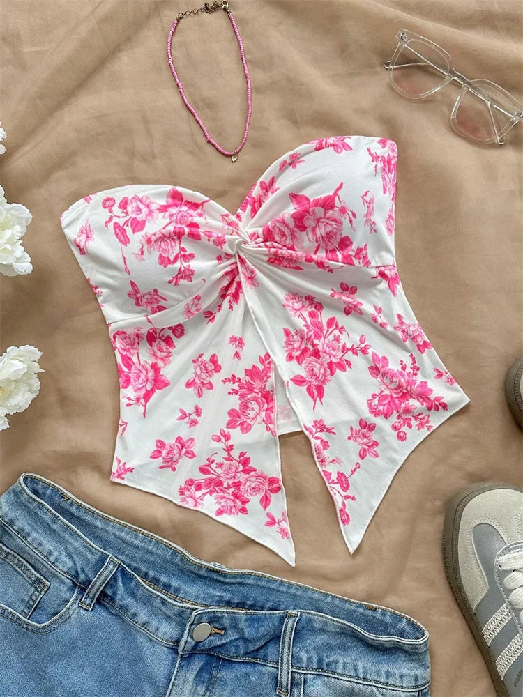 Floral Print Twist Knot Crop Top