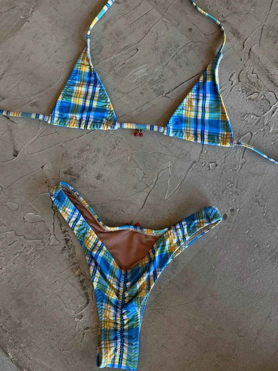 Sexy Blue Plaid Micro Bikini Set