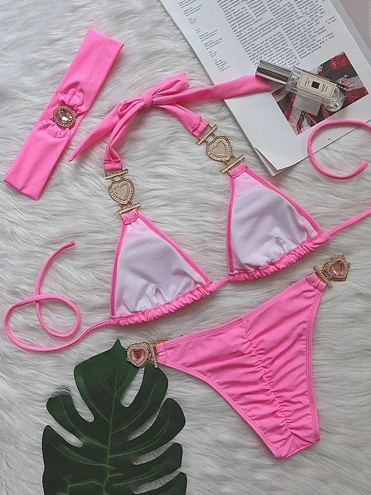 3PCS Halter Jewelled Diamond Bikini