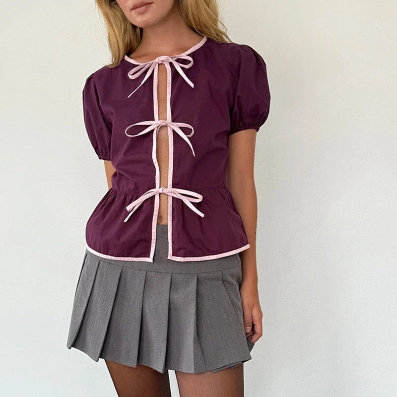 Front Bowknot Blouses Tees Ruffle Hem Crop Tops