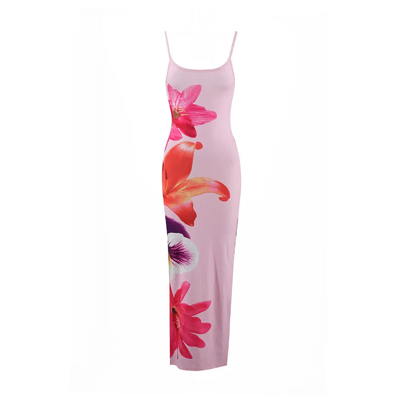 White Red Hibiscus Floral Print Spaghetti Strap Midi Dress