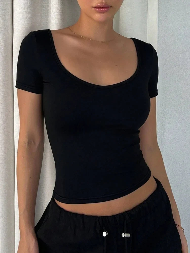 Solid Color Sexy Short Sleeve Cropped Top