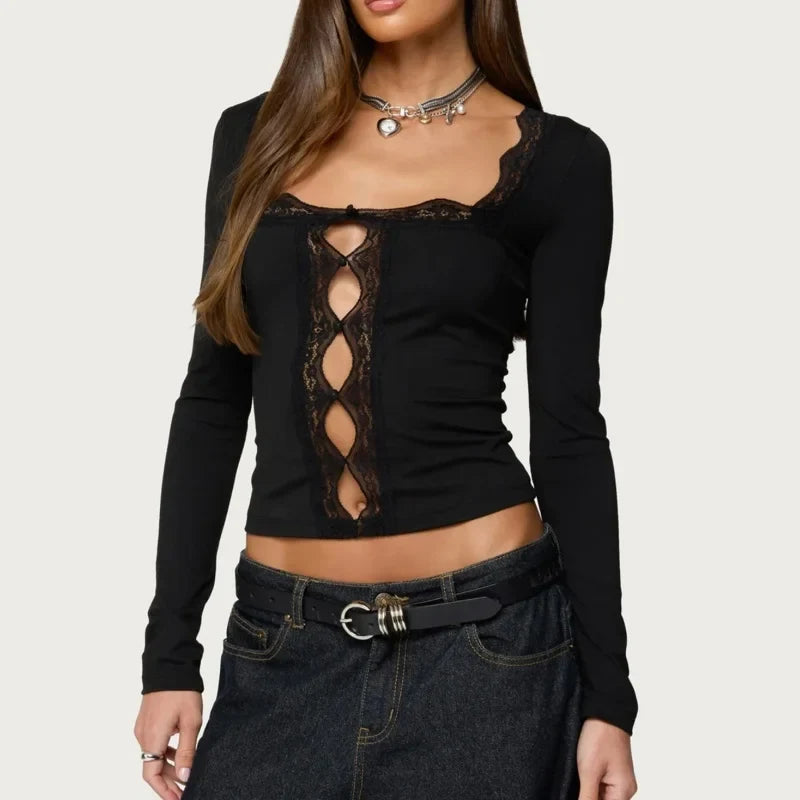 Y2K Lace Trim Square Neck Button Up Front Long Sleeve Crop Top