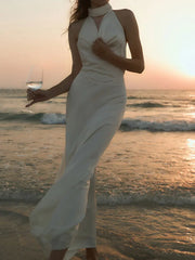 Satin Backless Pearls Sexy Bodycon Prom Party Maxi Dress