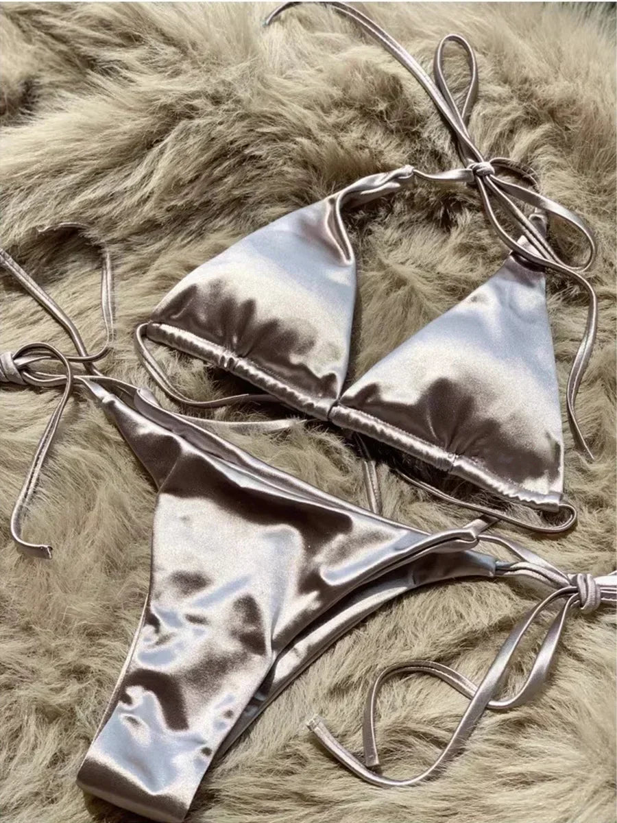 Wrap Around Halter Metallic Satin Bikini
