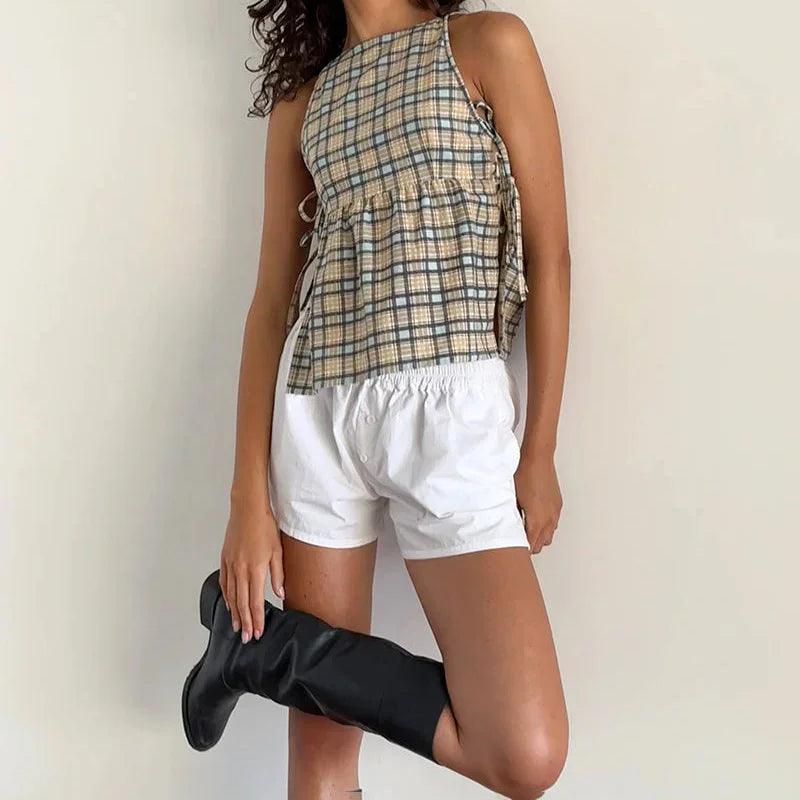 Cut Out Side Tie Up Vest Casual Loose Sleeveless Crop Top