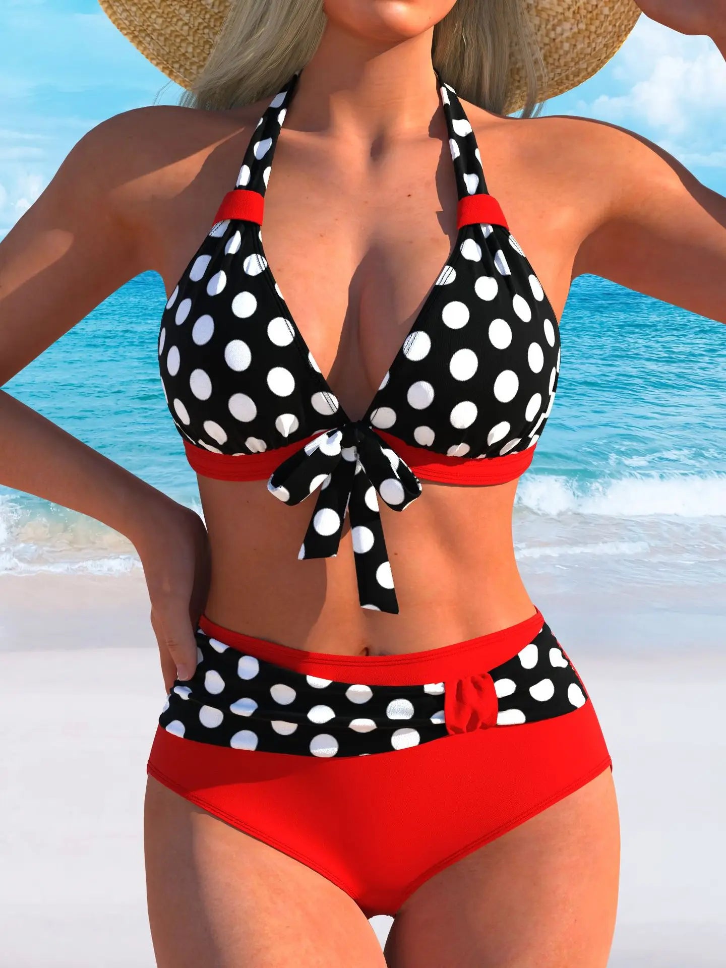 Sexy Red Polka Dot Patchwork Bikini Set