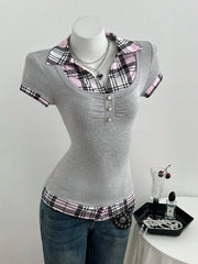 Lapel Fake Two Piece Short Sleeve Tee Slim Cropped Ruched Button Top