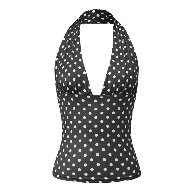Y2K Vintage Polka Dot Halter Cami Coquette Deep V Backless Slim Cropped Top