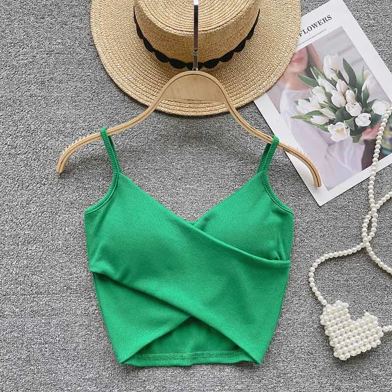 V Neck Spaghetti Strap Camisole Cross Wrap Front Cutout Hem Ribbed Slim Cropped Tank Top