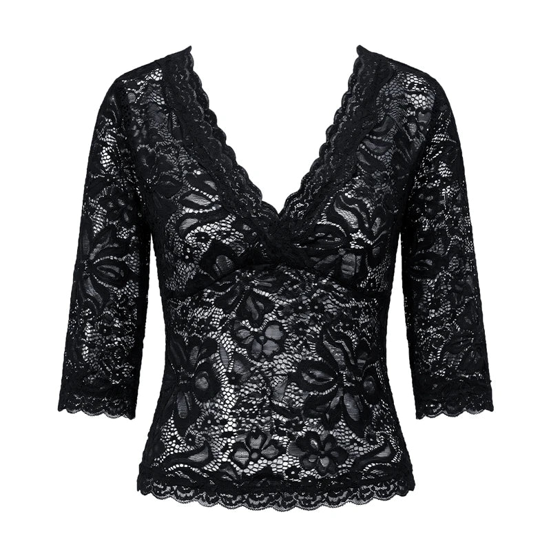 Floral Lace 3/4 Sleeve Crop Top
