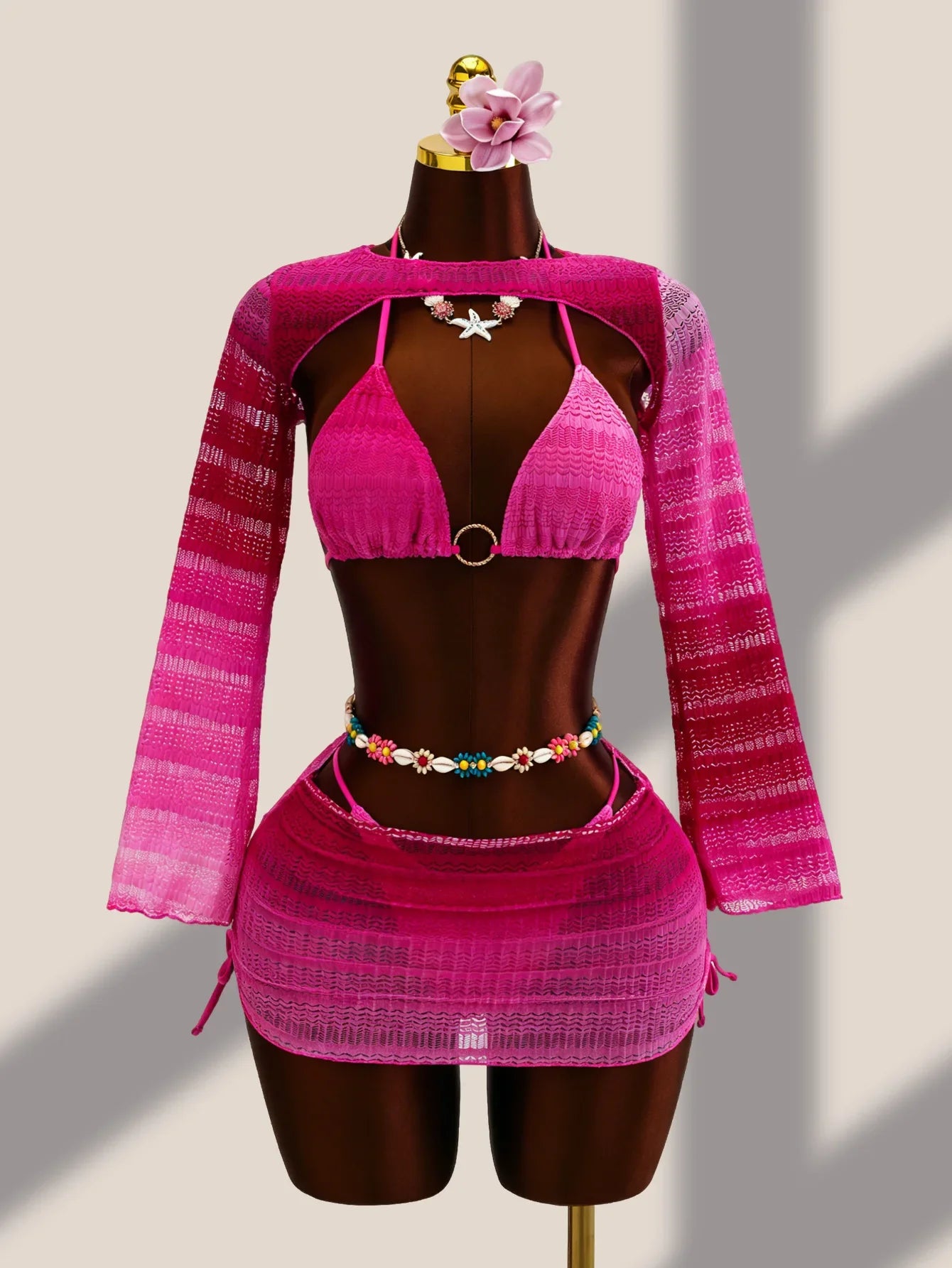 Sexy Hot Pink Gradient Knitted Bikini Set