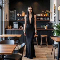 Black Hooded Deep V Neck Form-Fitting Maxi Dress
