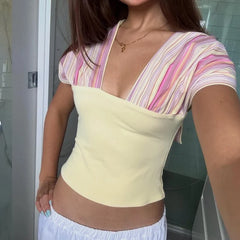 Patchwork Cinched Waist Crop Tops
