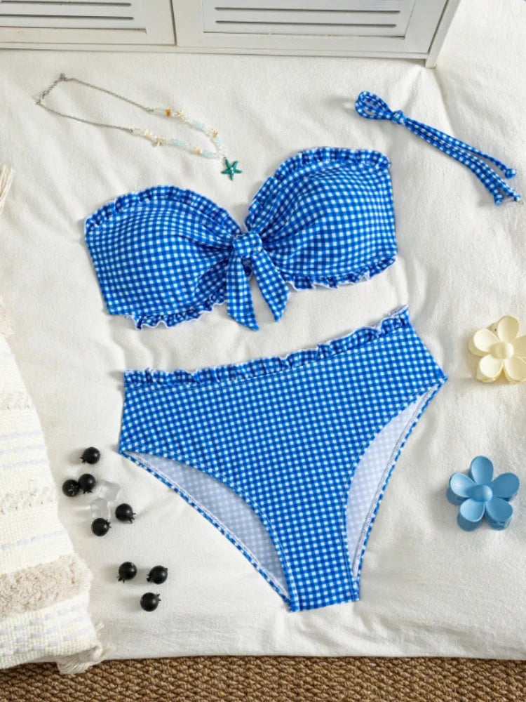 Vintage Coffee Plaid Print Bikini Set