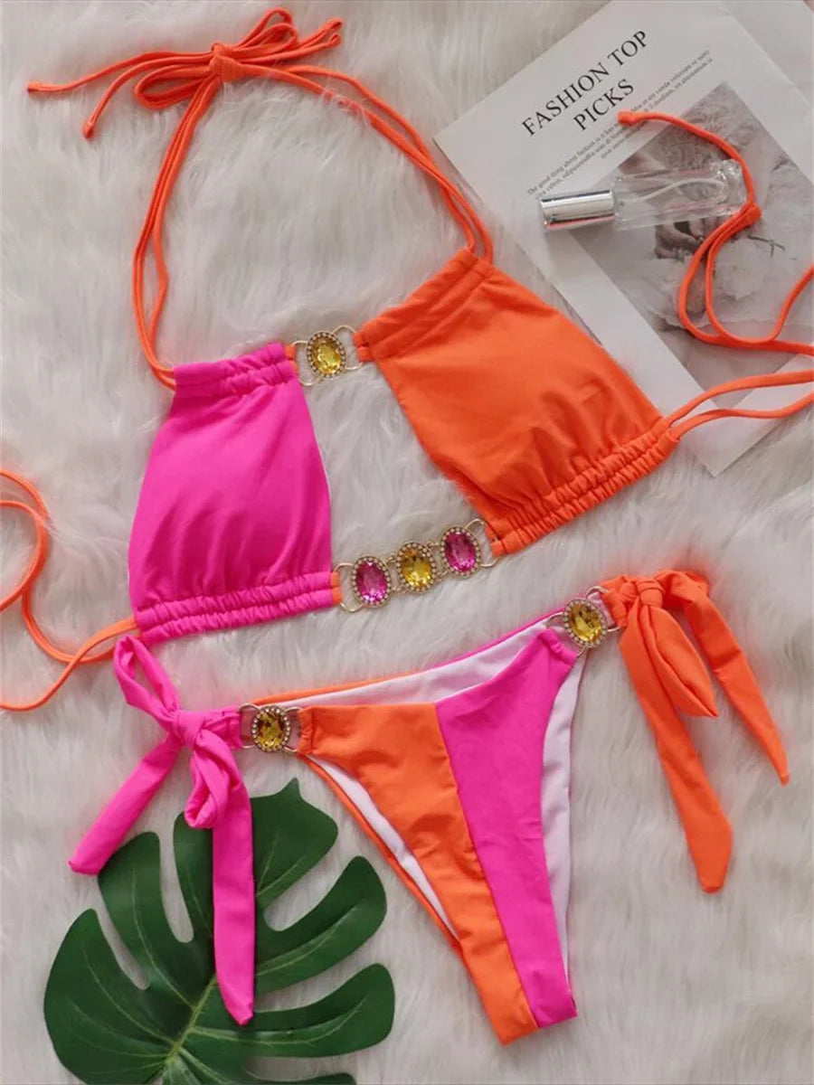 Luxury Rhinestones Splicing Bikini Set