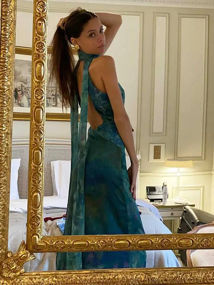 Sexy Print Halter Long Dress