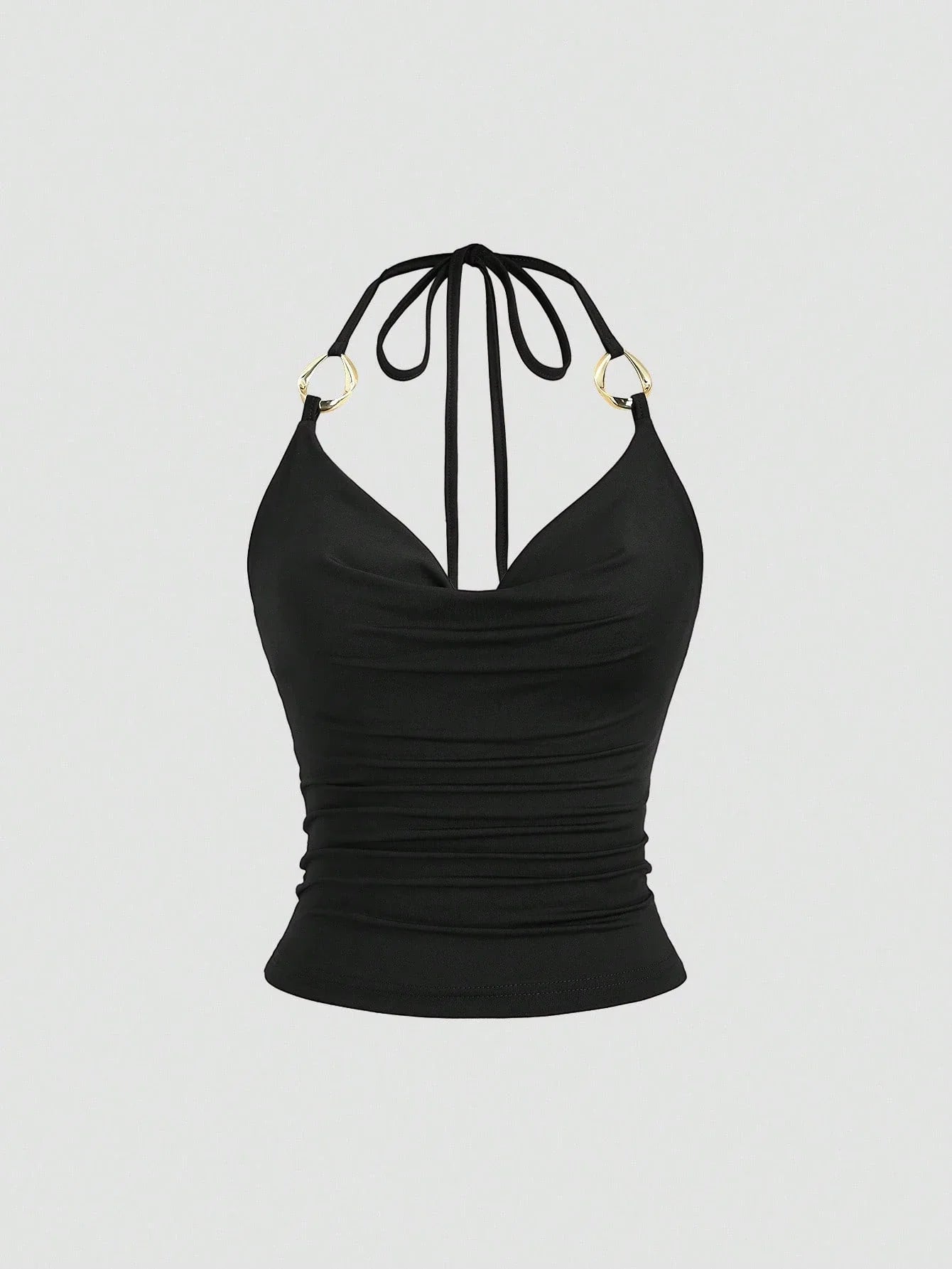 Drape V-Neck Metal Decor Slim Fit Backless Halter Neck Cami Top