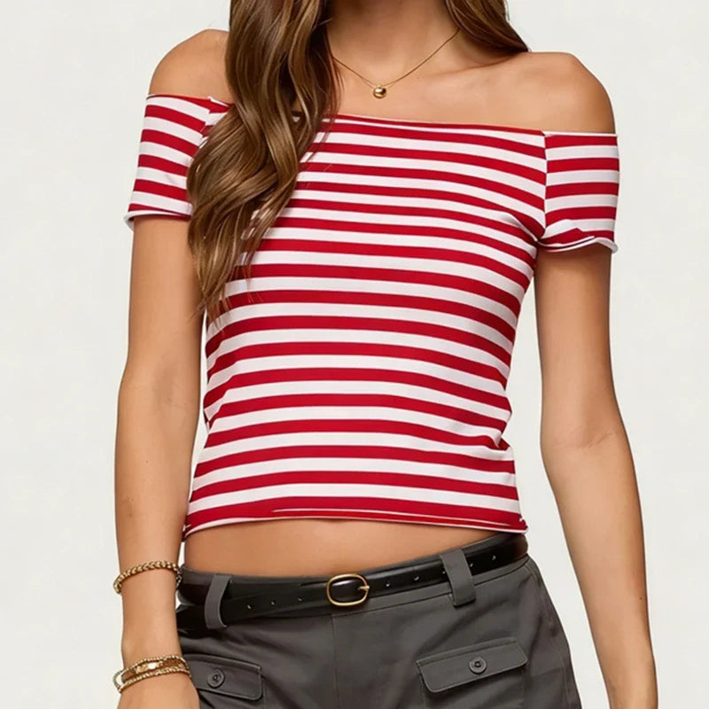 Striped Print Off Shoulder Crop Top