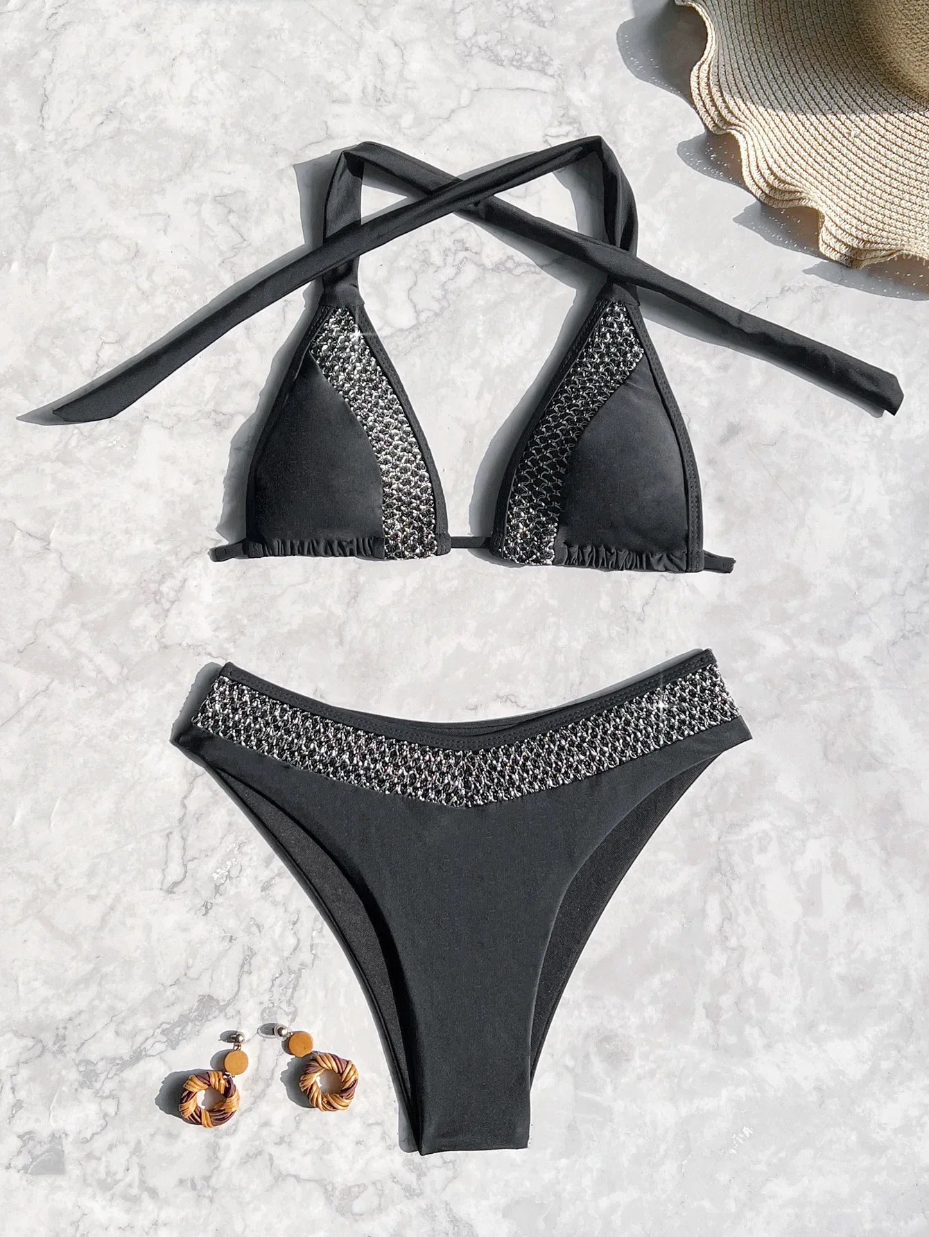 Shiny Black Patchwork Swimwear Women Sexy V Neck Push Up Bra High Waist Bikini Set