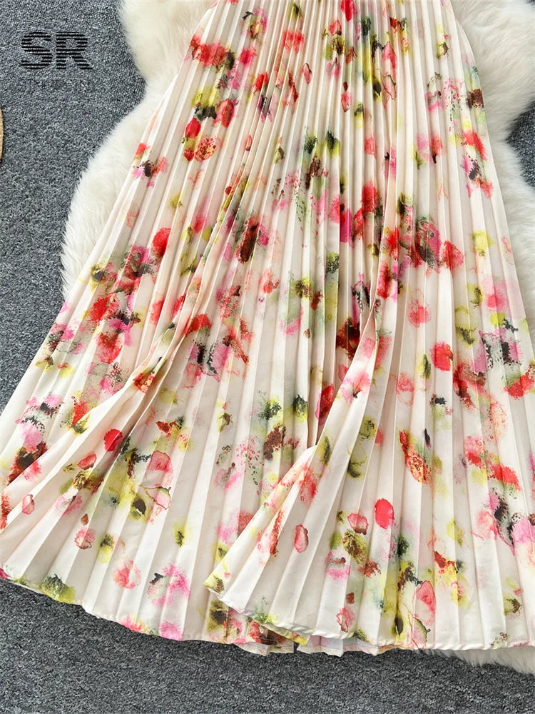 Floral Print Pleated Long Dress