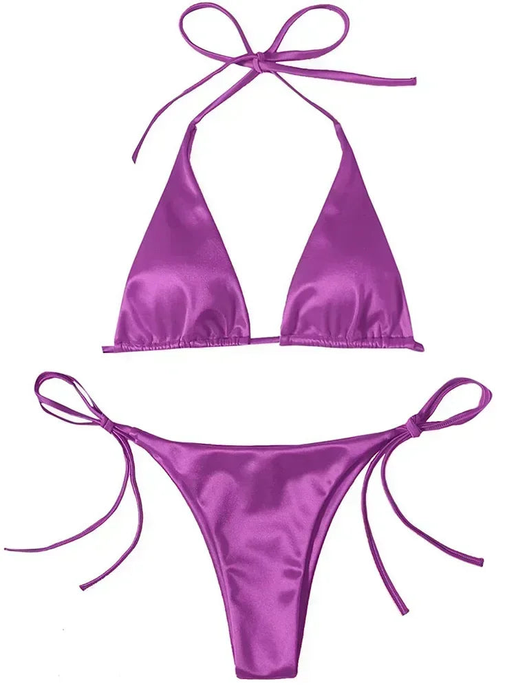 Wrap Around Halter Metallic Satin Bikini