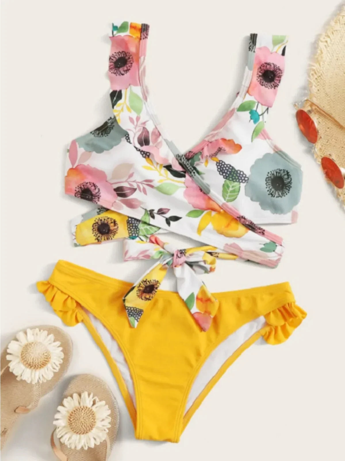 Yellow Flower Print Two Piece Swimsuit