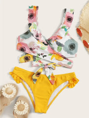 Yellow Flower Print Two Piece Swimsuit