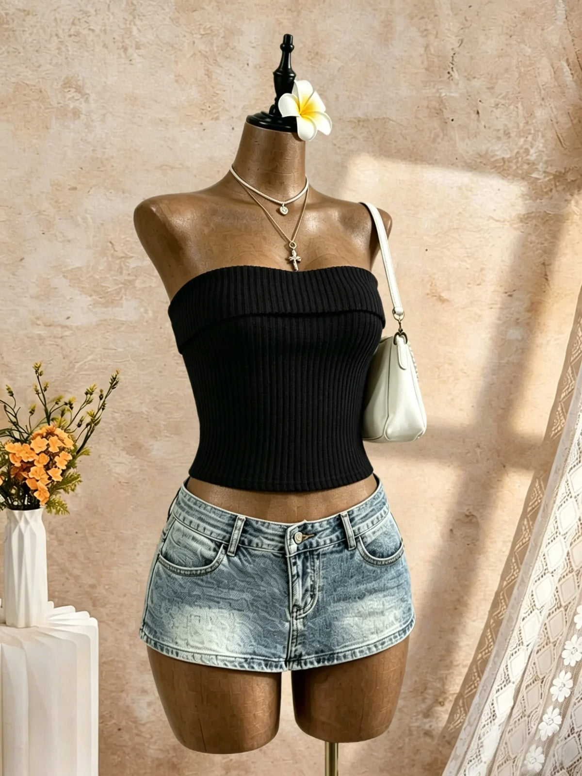 Black Ribbed Knit Strapless Bandeau Top