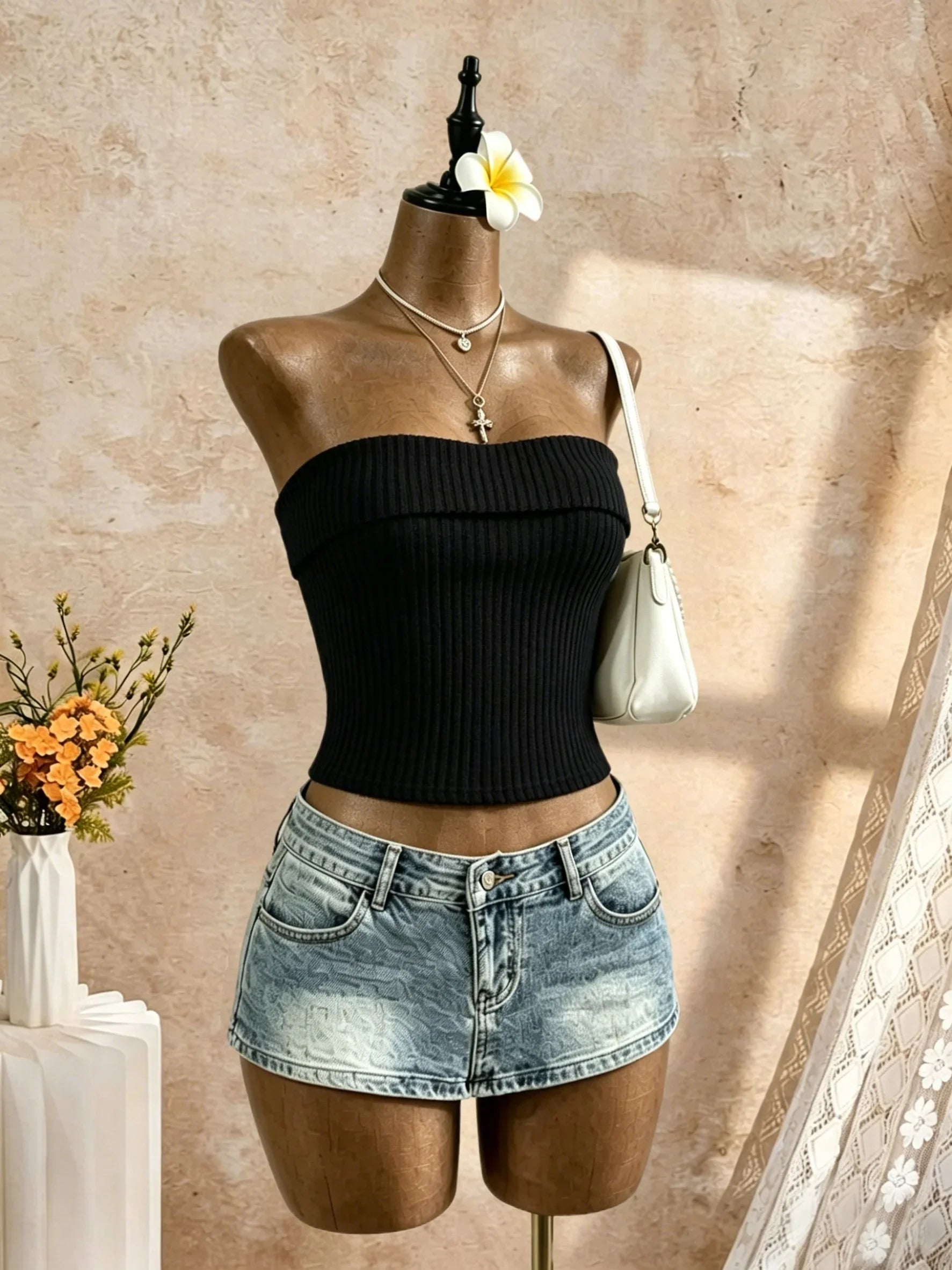 Black Ribbed Knit Strapless Bandeau Top