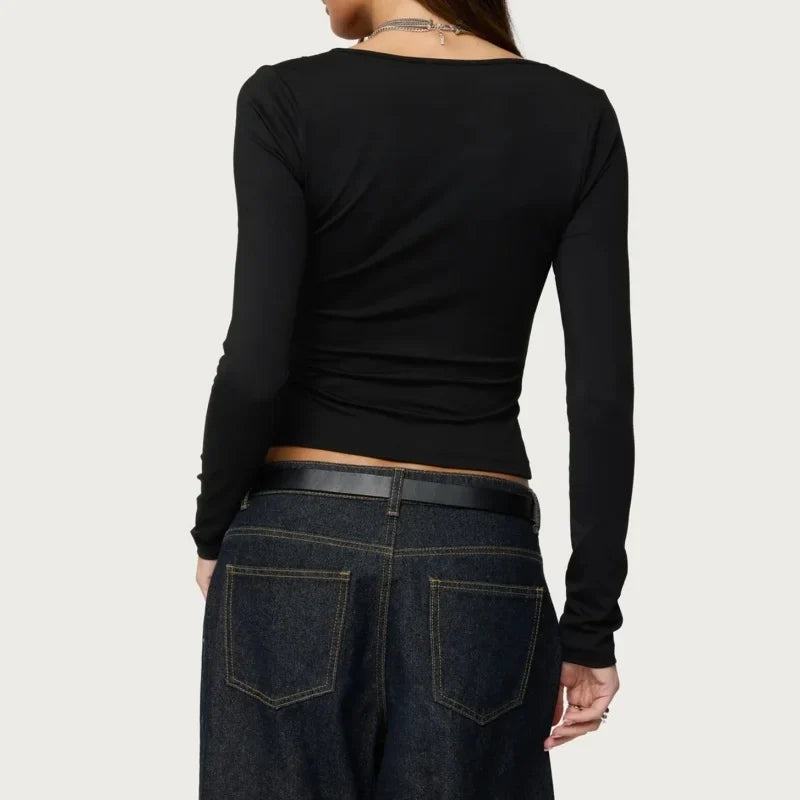Y2K Lace Trim Square Neck Button Up Front Long Sleeve Crop Top