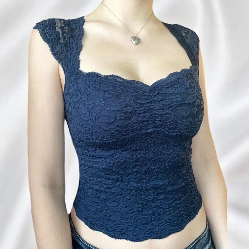Y2K Fairycore Blue Floral Lace Milkmaid Tank Tops