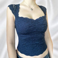 Y2K Fairycore Blue Floral Lace Milkmaid Tank Tops
