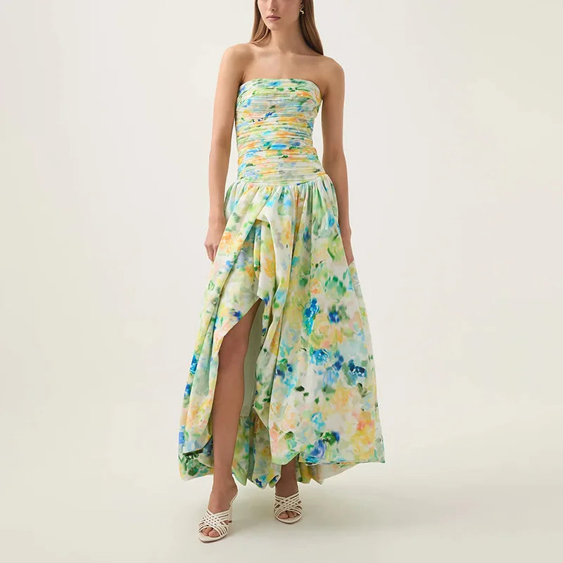 Retro Printed Strapless Brithday Dress
