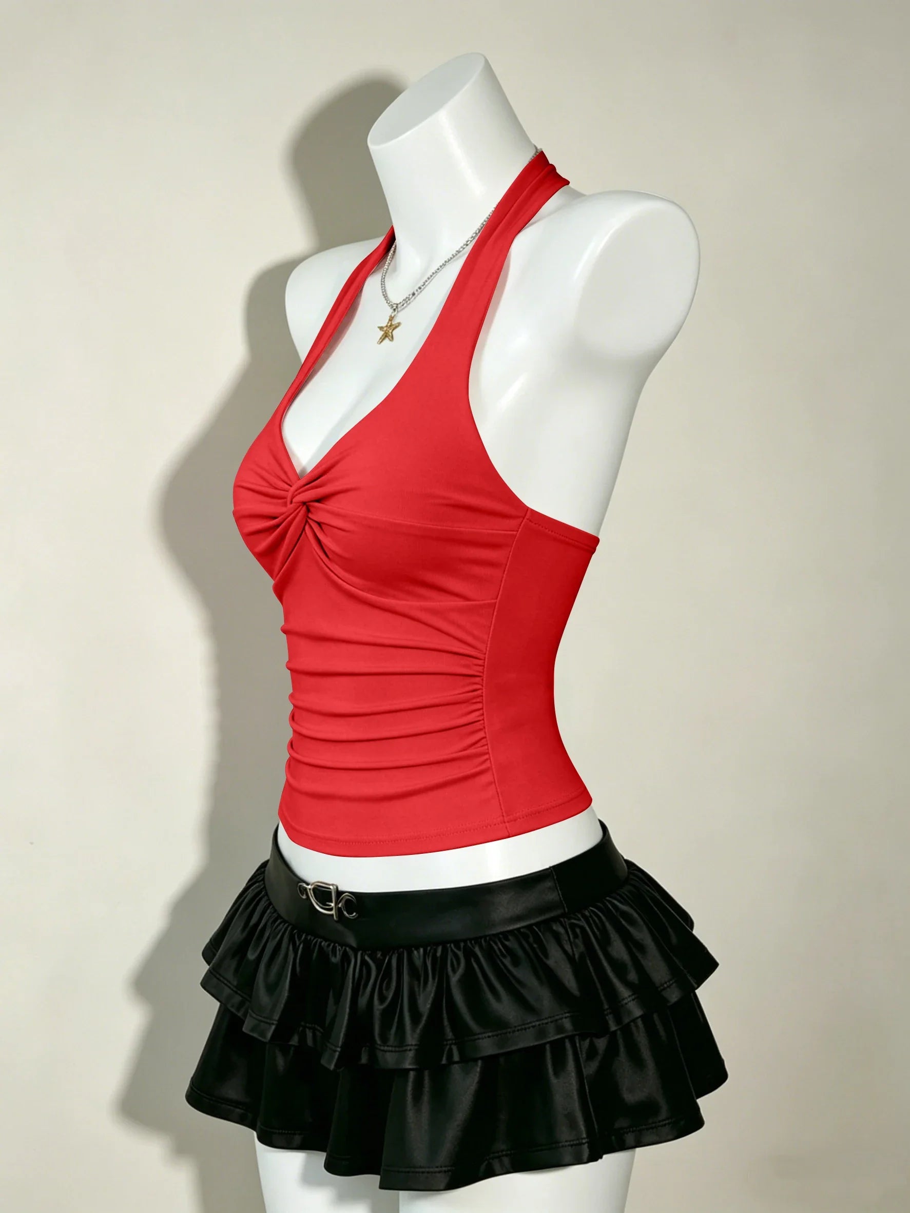 Halter Deep V Neck Front Twist Ruched Slim Fit Cropped Cami Top