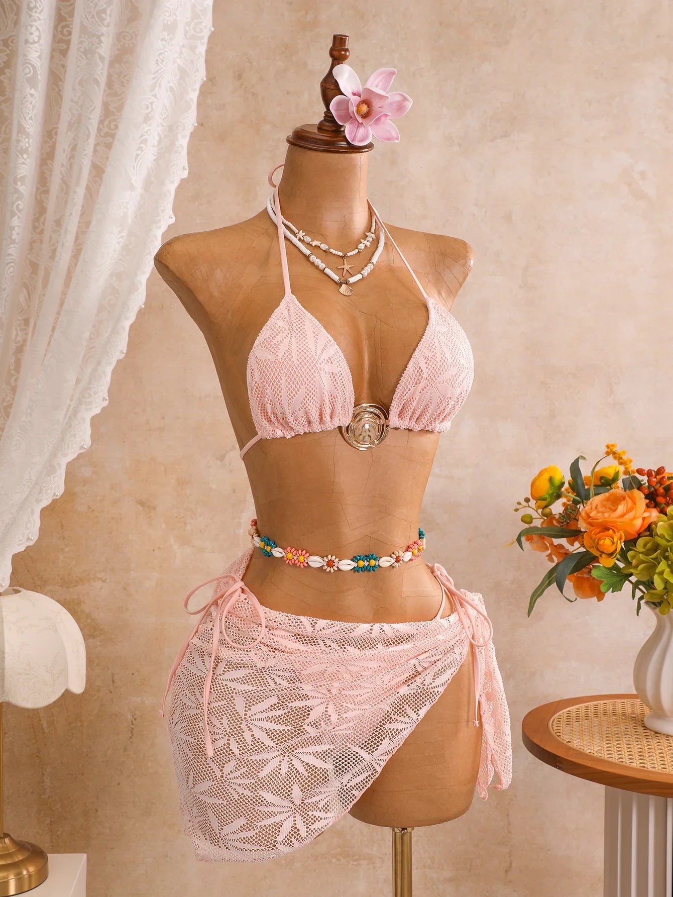 Vintage Pink Leaves Print Bikini Set