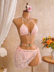 Vintage Pink Leaves Print Bikini Set